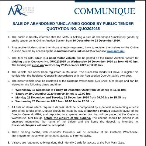 Document preview: Mauritius Official Sale of Abandoned and Unclaimed Goods 2020 — Government & admin (CommuniqueQ202035)