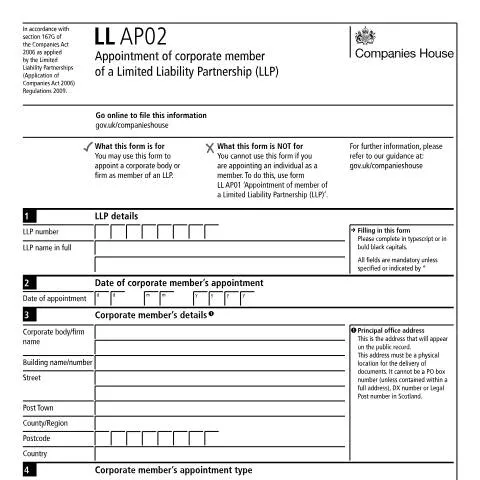Document preview: Corporate Entity Appointment to LLP: LL AP02 Form Requirements — Business