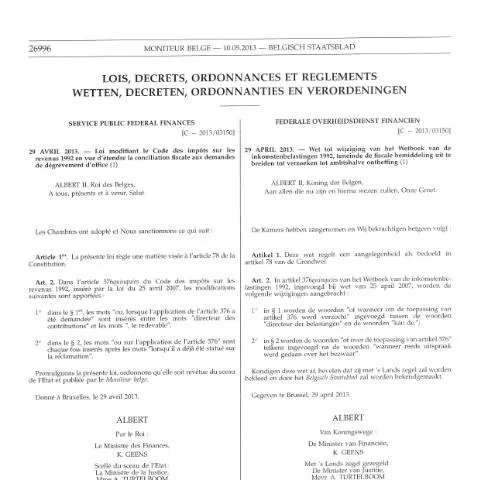 Aperçu du document Modification du Code des impôts sur les revenus 1992 en 2013 — Démarches administratives (CERFA n°staatsblad)