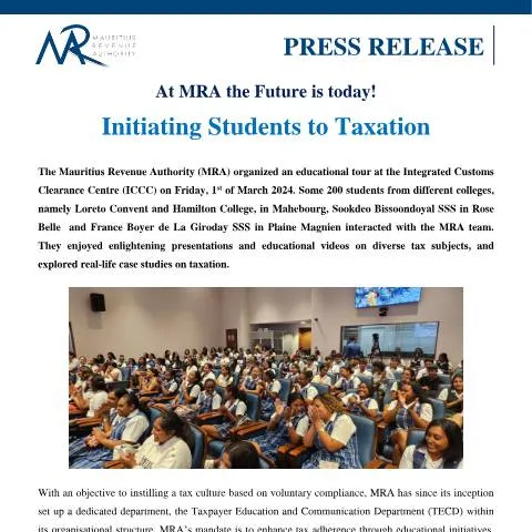 Document preview: MRA's Innovative Approach to Tax Education for Students — Taxes (CERFA n°PressRelease050324)