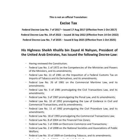 Document preview: Understanding the UAE Federal Decree-Law No. 7 of 2017 on Excise Tax — Taxes (CERFA n°Federal Decree-Law No. 7 of 2017)