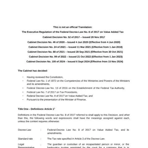 Document preview: Understanding the UAE VAT Executive Regulation: Cabinet Decision No 52 — Taxes (CERFA n°Cabinet Decision No (52) of 2017)