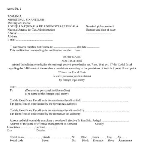 Document preview: Îndeplinirea Condițiilor de Rezidență Fiscală în România — Impozite & fiscalitate (CERFA n°A2_OMF_577_2021)