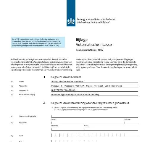 Documentvoorvertoning: Essentiële informatie over Bijlage Automatische Incasso voor IND — Immigratie & visa (CERFA n°7129)