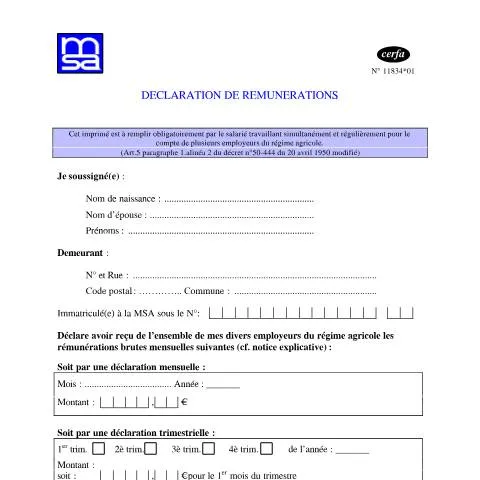 Aperçu du document Déclaration trimestrielle MSA : obligations des employeurs agricoles — Impôts & fiscalité (CERFA n°11834*01)