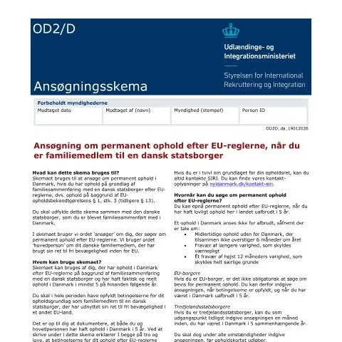 Document preview: Permanent ophold for familiemedlemmer til danske statsborgere under — Immigration & visa (CERFA n°OD2/D)