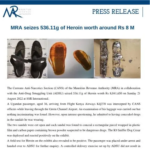 Document preview: Significant Heroin Seizure by MRA Highlights Drug Enforcement Efforts — Government & admin (PressRelease270822)