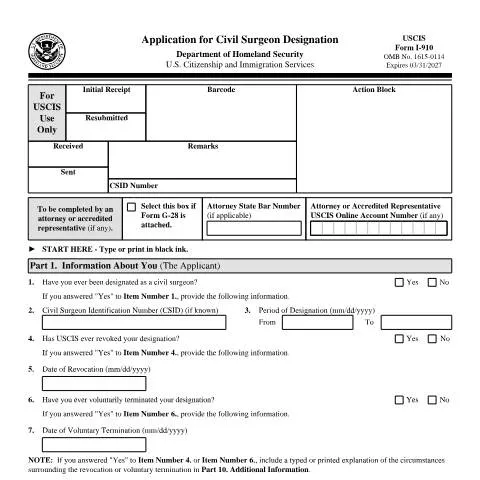Document preview: Navigating USCIS Form I-910 for Civil Surgeons — Immigration & visas (CERFA n°I-910)