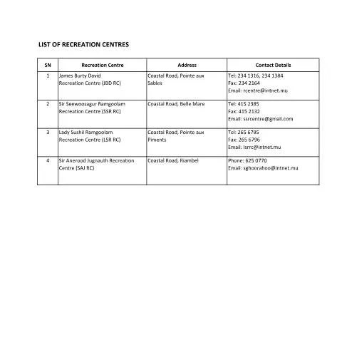 Document preview: Your Guide to Recreation Centres in Mauritius — Government & admin (CERFA n°LIST-OF-RECREATION-CENTRES)