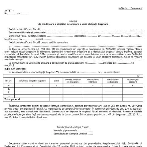 Document preview: Modificarea obligațiilor bugetare prin OMF 5521/2024 — Impozite & fiscalitate (CERFA n°A11_OMF_5521_2024)