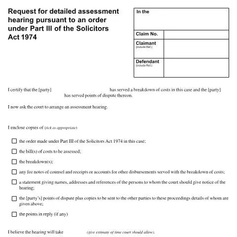 Document preview: Request a Detailed Assessment Hearing for Legal Costs under Solicitors — Legal & justice