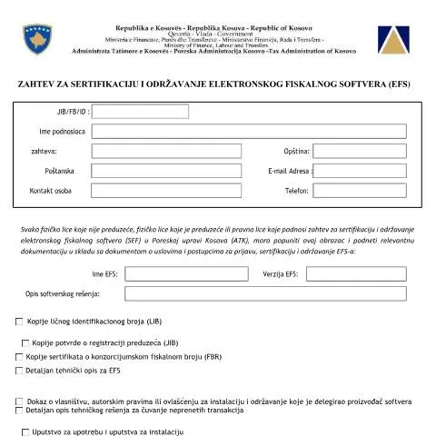 Document preview: Informacione mbi Zahtev për Sertifikimin e EFS — Tatime & fiskalitet