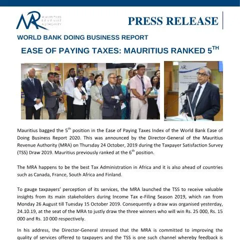 Document preview: Mauritius Achieves Top Ranking in Tax Payment Ease — Taxes (CERFA n°PressRelease251019)