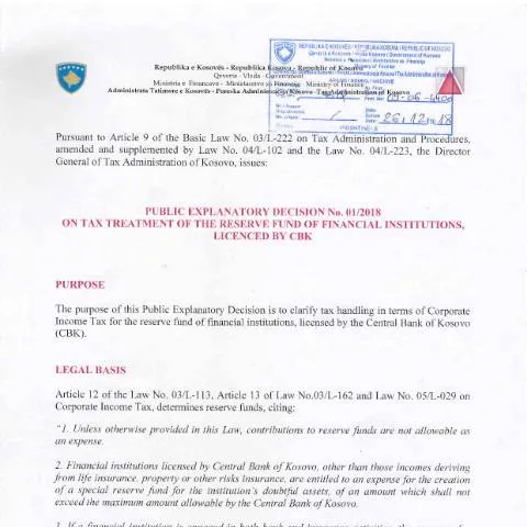 Document preview: Udhëzues publik për trajtimin tatimor të fondit të rezervës në Kosovë — Procedura administrative