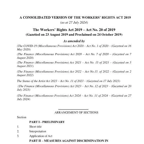 Document preview: Understanding the Workers' Rights Act 2019 of Mauritius as at July — Work & employment (CERFA n°A-Consolidated-Version-of-the-Workers-Rights-Act-2019-as-at-27-July-2024)
