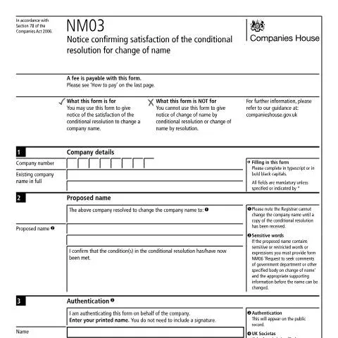 Document preview: Official Confirmation of Name Change Satisfaction (NM03) — Business