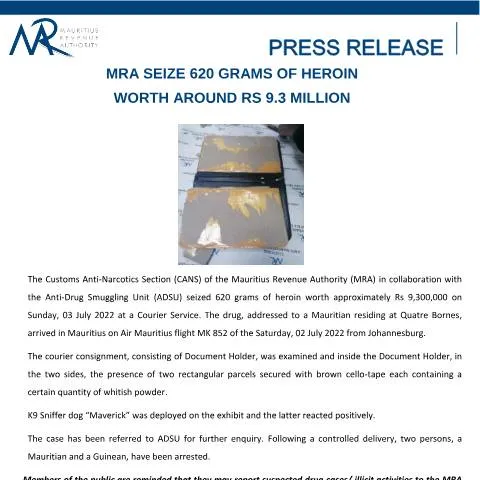 Document preview: MRA's Impact on Drug Trafficking in Mauritius — Government & admin (PressRelease620g)