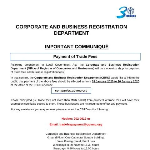 Document preview: Overview of the New Trade Fee Payment Process in Mauritius — Government & admin (Press-Communique-for-Trade-fees-12-12-19)