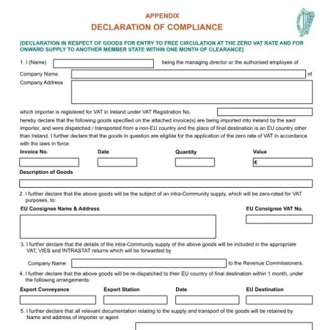 Document preview: Declaration of Compliance for Zero VAT on Goods Entry and Supply — Taxes (RPC013878_EN_WB_L_1)