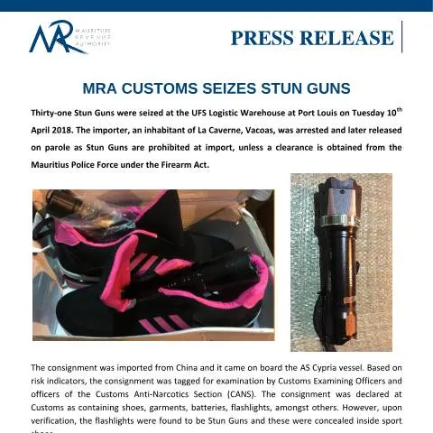 Document preview: The Impact of MRA Customs' Stun Gun Seizure on Import Regulations — Government & admin (PressRelease110418)