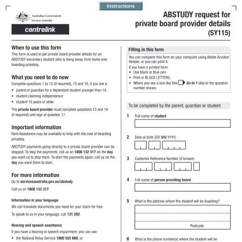 Document preview: Navigating the SY115 Form for ABSTUDY Support — Health (CERFA n°SY115)