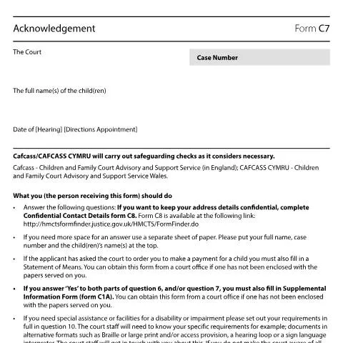Document preview: How to Respond to UK Family Court Child Applications with Form C7 — Family