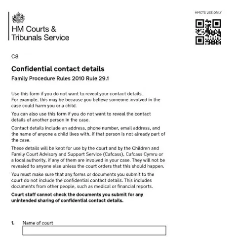 Document preview: Understanding the C8 Confidential Contact Details Form in UK Family — Legal & justice (C8)