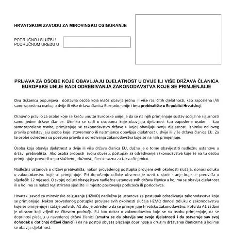 Document preview: Prijava A1 za mirovinsko osiguranje u Hrvatskoj — Mirovina i penzija (CERFA n°PRIJAVA_A1)