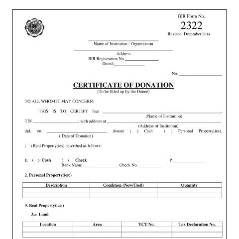 Document preview: Understanding BIR Form No. 2322: The Certificate of Donation — Taxes (CERFA n°2322)