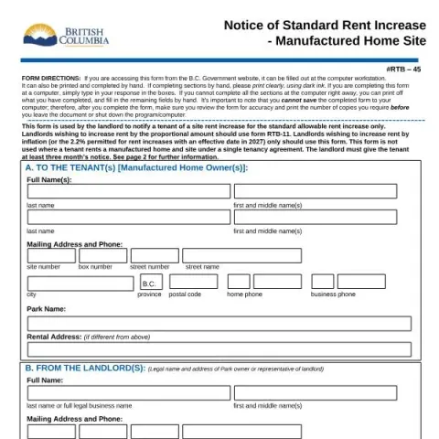 Document preview: Understanding the RTB-45 Rent Increase Notice for Manufactured Home — Housing (RTB-45)
