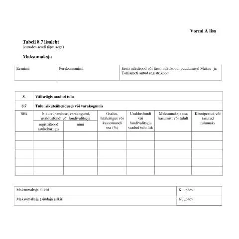 Document preview: Miks on Tabeli lisa 8.7 oluline maksukohustuste täitmisel? — Maksud ja maksustamine (CERFA n°VORM A TABEL 8.7 LISALEHT)