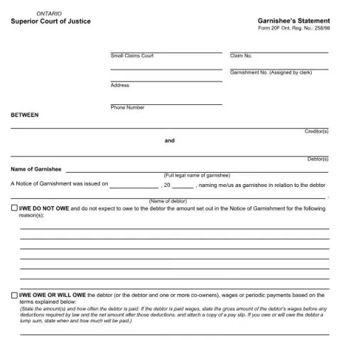Document preview: Understanding the Garnishee’s Statement (Form 20F) in Ontario Court — Legal & justice (Form 20F)