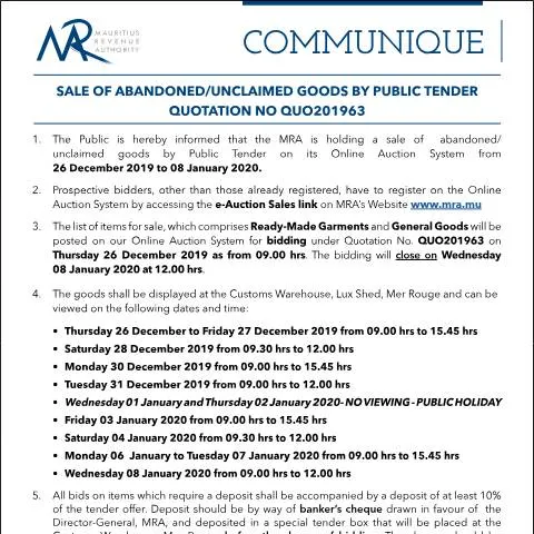 Document preview: Exploring the Public Tender for Unclaimed Goods in Mauritius — Government & admin (Communique63of2019)