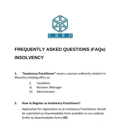 Document preview: The Essential Guide to Insolvency Practitioners in Mauritius — Government & admin (FAQs_Insolvency)