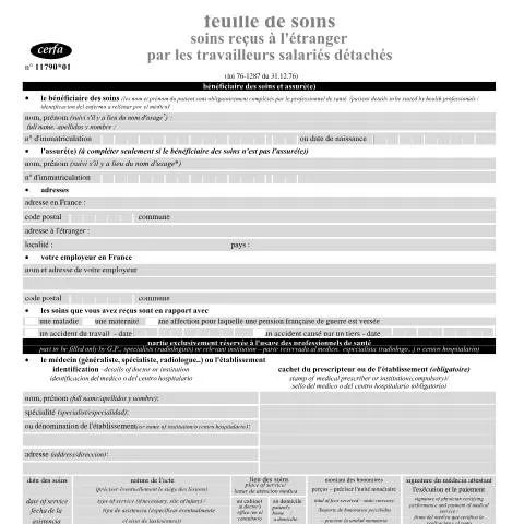 Aperçu du document Remboursement des soins médicaux reçus à l'étranger — Santé (CERFA n°11790*01)