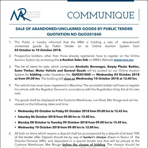 Document preview: Understanding the Sale of Unclaimed Goods in Mauritius — Government & admin (CERFA n°Communique40of2018)
