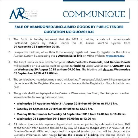 Document preview: Understanding the Public Tender for Abandoned Goods — Government & admin (Communique35of2018)