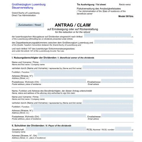 Aperçu du document Guide sur le formulaire 901bis pour les dividendes — Impôts & fiscalité (CERFA n°901bis-de)