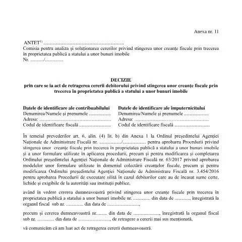 Document preview: Decizie de retragere a cererii de stingere a creanțelor fiscale — Impozite & fiscalitate (CERFA n°A11_OPANAF_6942_2024)