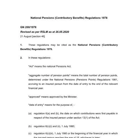 Document preview: Overview of the 1978 Mauritius Contributory Pensions Regulations — Benefits & social aid (CERFA n°national-pensions-contributory-benefits-regulations-no-200-1978)