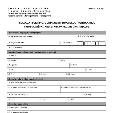 Document preview: Prijava za registraciju stranog diplomatskog predstavništva — Porezi i fiskalnost (CERFA n°POR-502)
