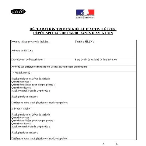 Aperçu du document Déclaration trimestrielle des dépôts de carburants aviation — Démarches administratives (CERFA n°13814*03)