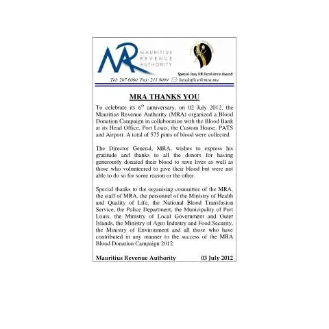 Document preview: Gratitude to Blood Donors of 2012 — Government & admin (CERFA n°CommuniqueThankYouBD2012)