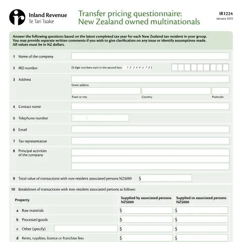 Document preview: Navigating the IR1224 Form for New Zealand Multinationals — Government & admin (CERFA n°IR1224)