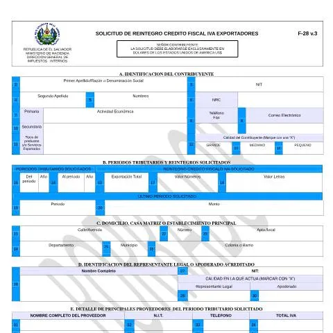 Vista previa del documento Explora el Formulario F-28-V3 para Exportadores en El Salvador — Impuestos (CERFA n°F-28-V3)