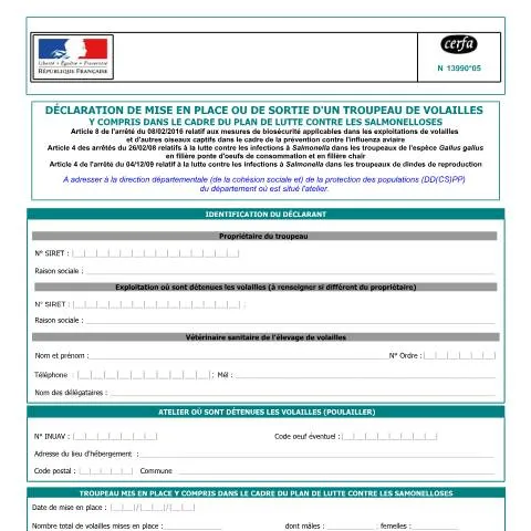Aperçu du document Déclaration obligatoire des troupeaux de volailles en France — Démarches administratives (CERFA n°13990*05)