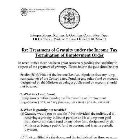 Document preview: Understanding the 2004 Treatment of Gratuity Order in Jamaica — Work & employment (CERFA n°2004+taad+-+treatment+of+gratuity+under+the+termination+of+employment+order)