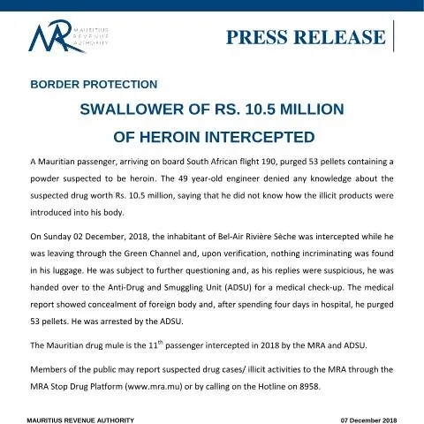 Document preview: Border Security Success: Heroin Seized from Passenger — Government & admin (CERFA n°PressReleaseDrugSeizure071218)