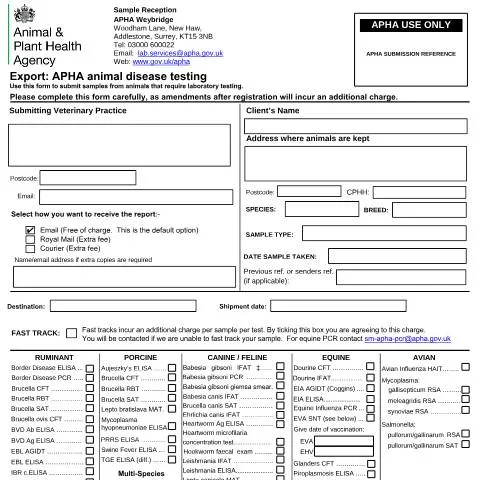 Document preview: APHA Animal Disease Testing Forms for UK Export Compliance — Government & admin