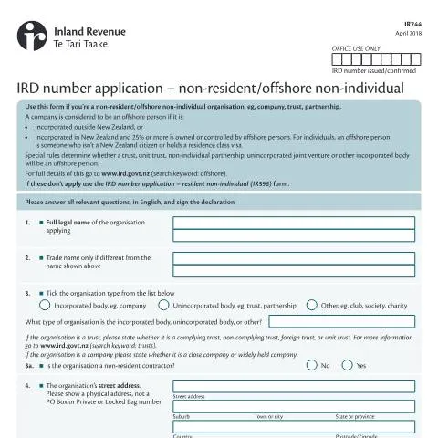 Document preview: Understanding the IR744 Form for Non-Residents in New Zealand — Taxes (CERFA n°IR744)
